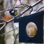 Mangiatoia in legno nero trattato per resistere alle intemperie.