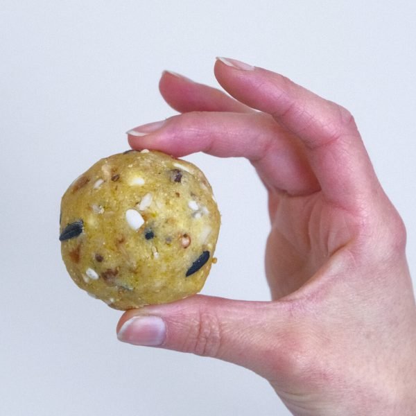 Palle di grasso ad alto contenuto energetico per uccelli selvatici, ideali per l’inverno.