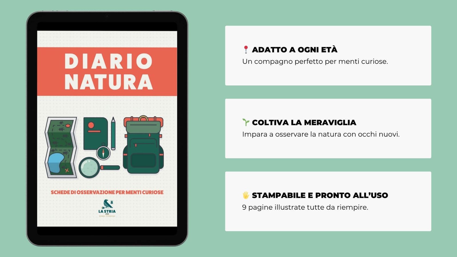 Infografica con copertina digitale del Diario Natura e i 3 benefici principali